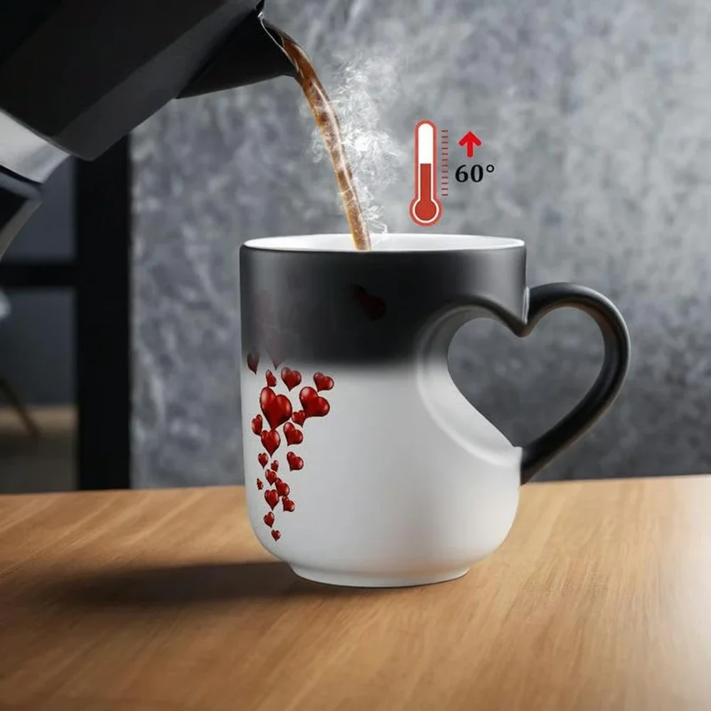 Heart-shaped Color Changing Ceramic Coffee Mug 11oz Heat Reactive Design Romantic Valentine Gift for Him Her