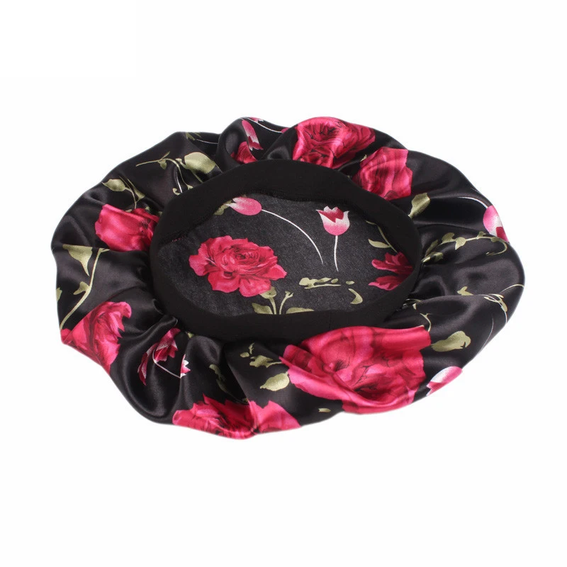 Frauen Satin Motorhaube Elastische Breite Band Blumen Druck Nacht Schlaf Hut Haarausfall Kopf Wrap Chemo Haarpflege Dusche Make-Up Kappe – Detail 3