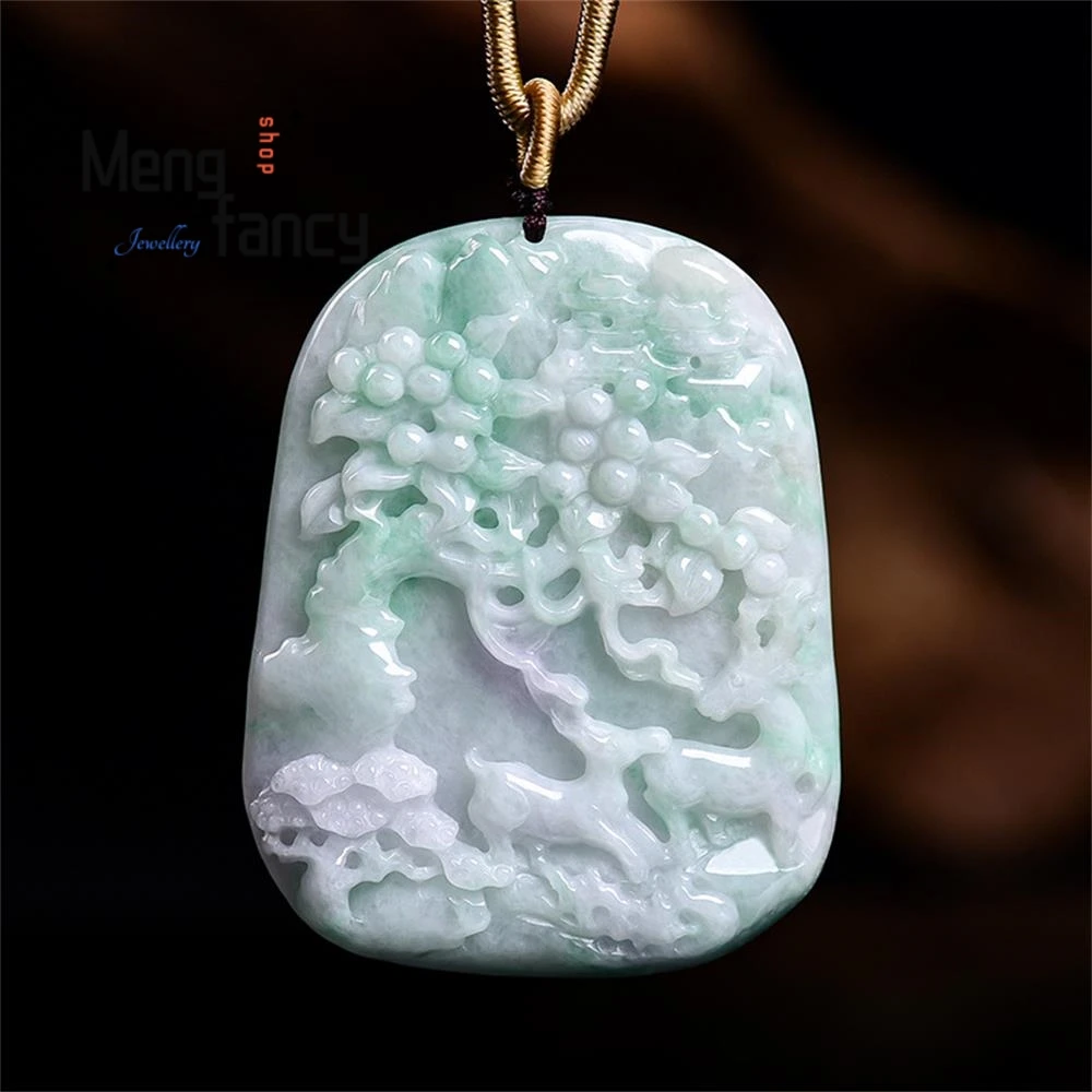 

Authentic Natural Burmese A-grade Jadeite Shanshui Deer Brand Ice Seed Jade Stone Pendant Exquisite Fashion Jewelry Holiday Gift