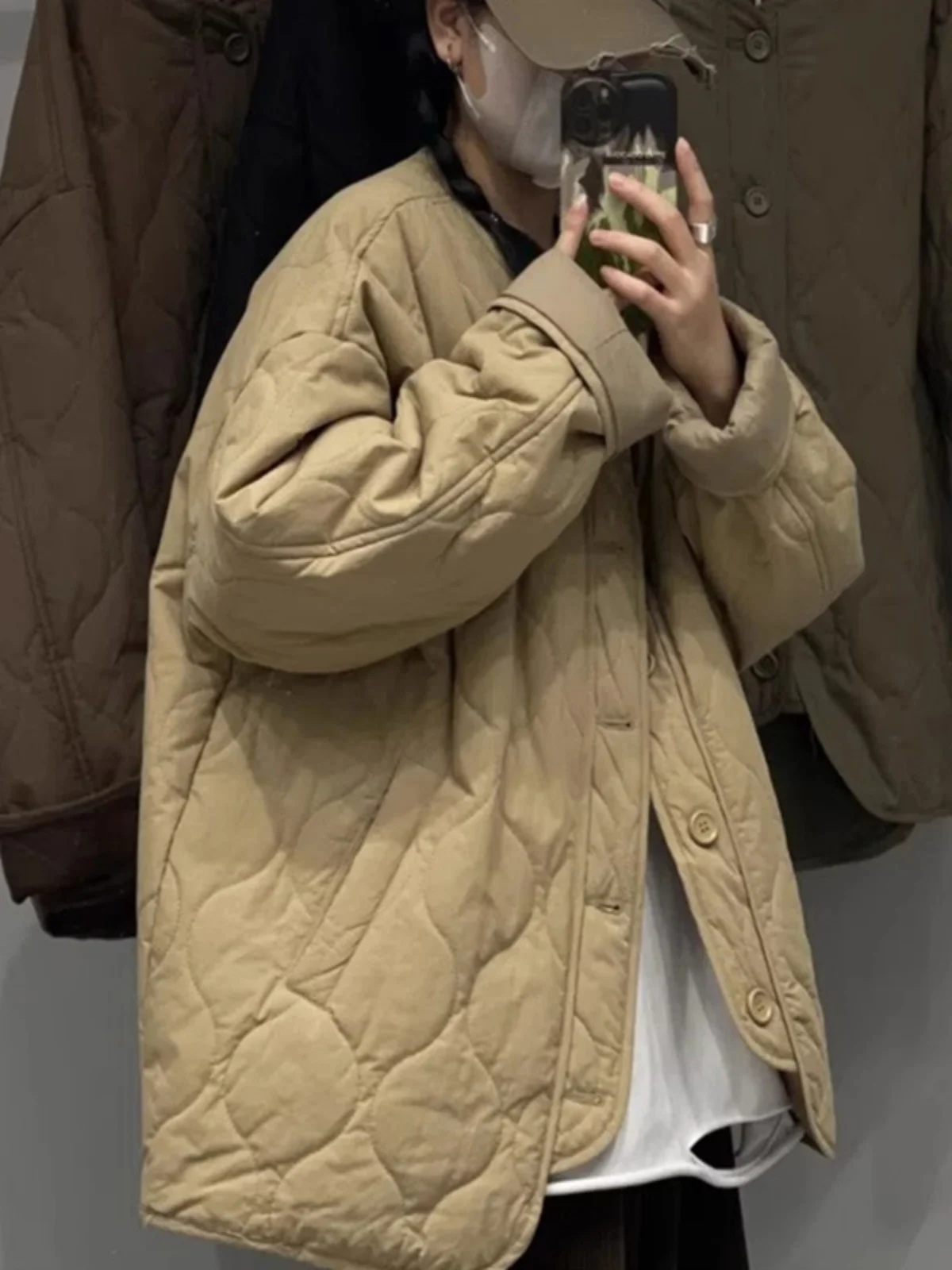 

Winter 2025 Women's Loose Fit Thiened Cotton Padded Diamond Pattern Baseball Jaet Korean Sle Commute Long Sve Coat