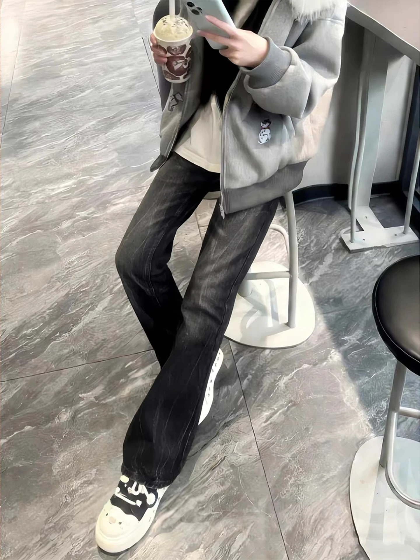 

Black Washed Lightning Pattern Men's Jeans High Rise Slim Fit Capri Pants Enhanced Leg Lengthening Micro Flared Legs