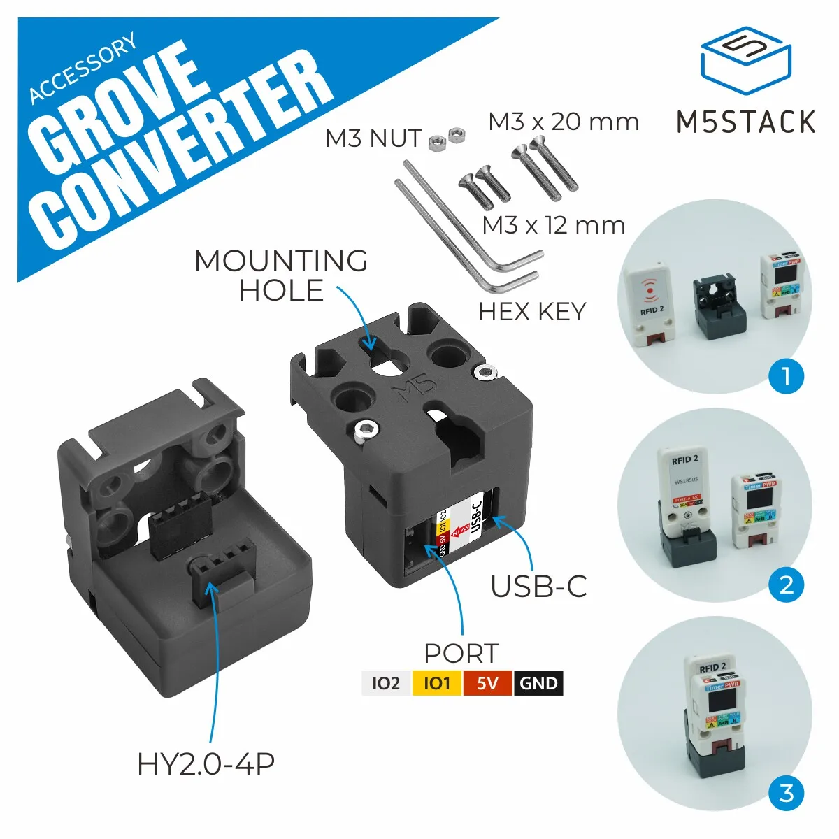 Official M5Stack Grove Converter Unit Interface Combination Connector Compatible with M3 Mounting Holes