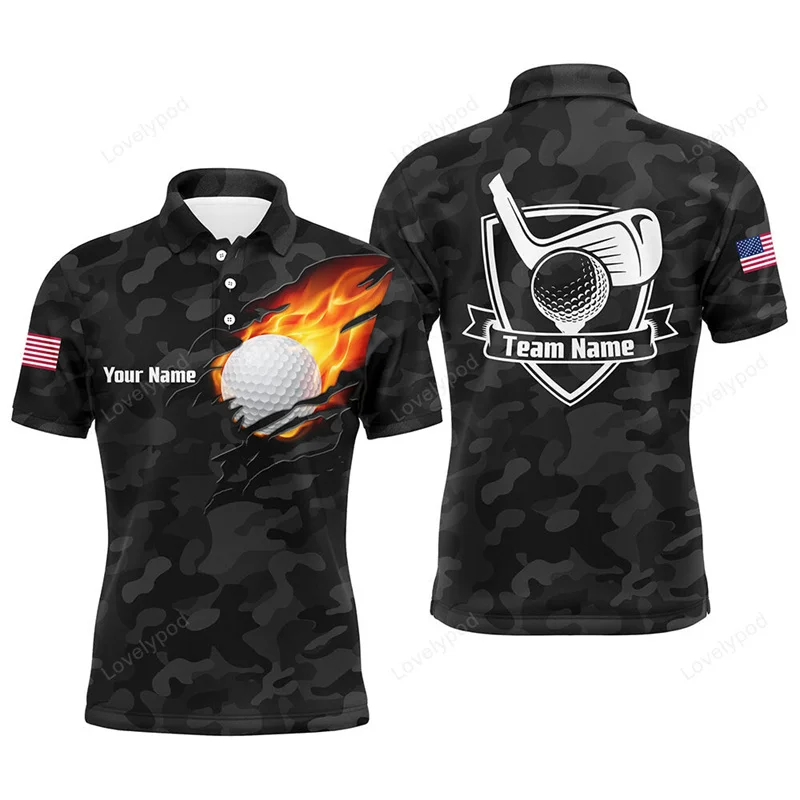 Newest Black Fire Golf Ball Polo Shirts For Men 3d Print Streetwear Fashion Cool Short Sleeve Laper Polo Shirts Golf Tops