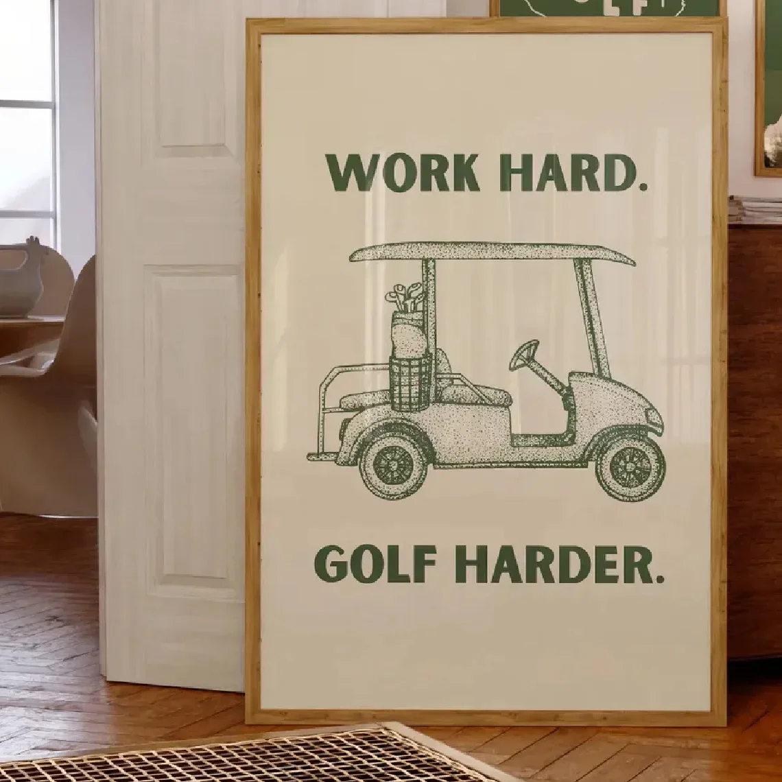 2D Flat, 2D Flat, A Single Piece of Wall Art Featuring a Retro Poster with The Phrase 'Work Hard, Play Golf.' This Fun Sports