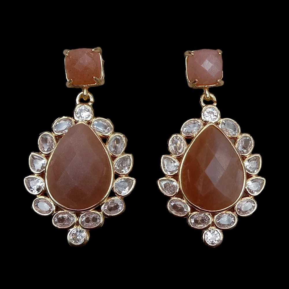 Y·YING Teardrop Earrings Natural Sunstone Drop Cz Pave Stud Earrings Women Anniversary Jewelry