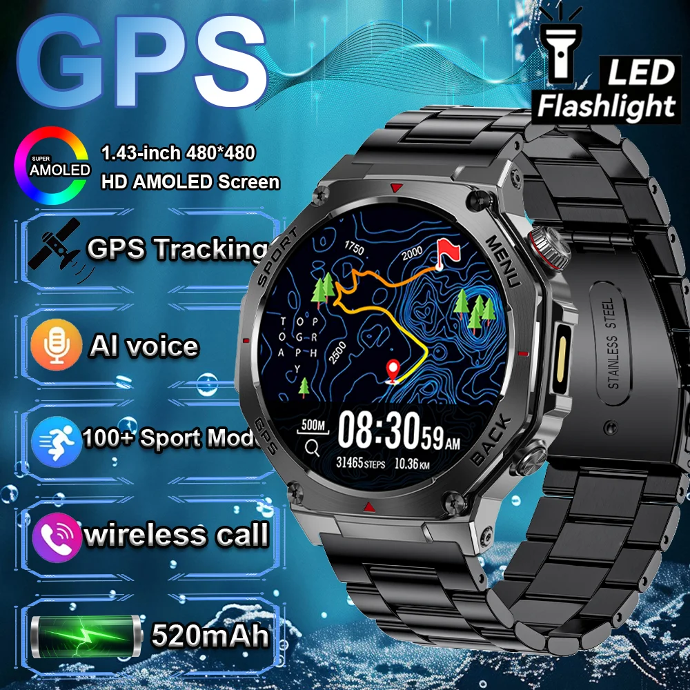 

NEW Smartwatch Built-in Dual Band GPS 1.43 AMOLED Screen 520mAh Long Standby Flashlight Bluetooth Call Outdoor Sports Watch Men