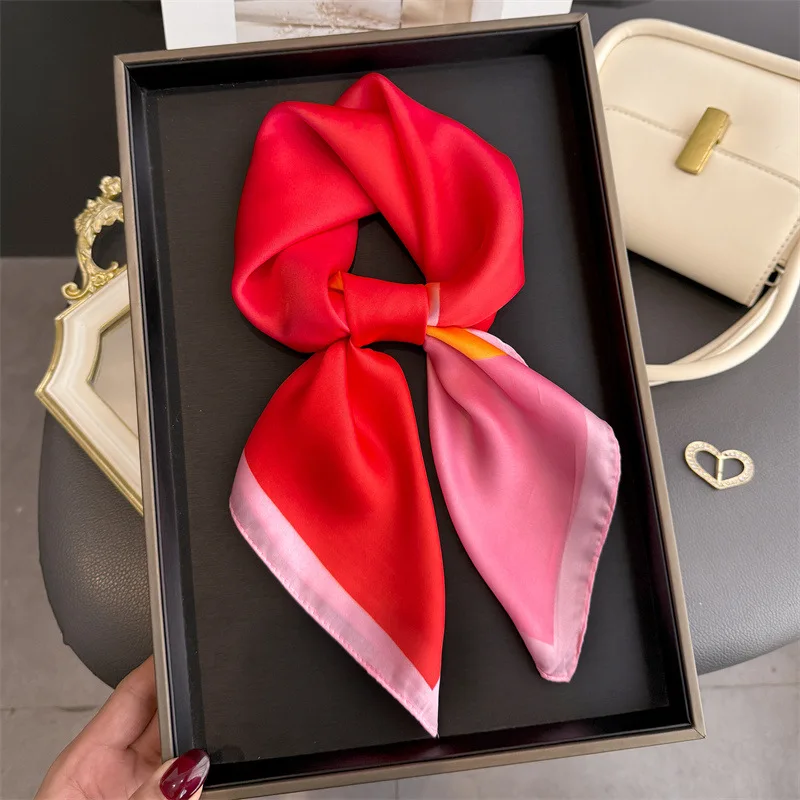 Fashion Color Block Print Square Scarf Satin Silk Lightweight Bandana for Women Festival Vacation Neck Hair Headband Accessory