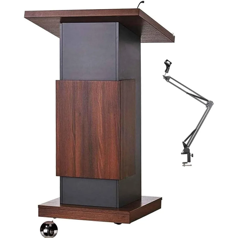 Portable Podium with Locking Wheels, Office Conference Room Mobile Podium Table, Wooden Lecture Podium Reception Desk