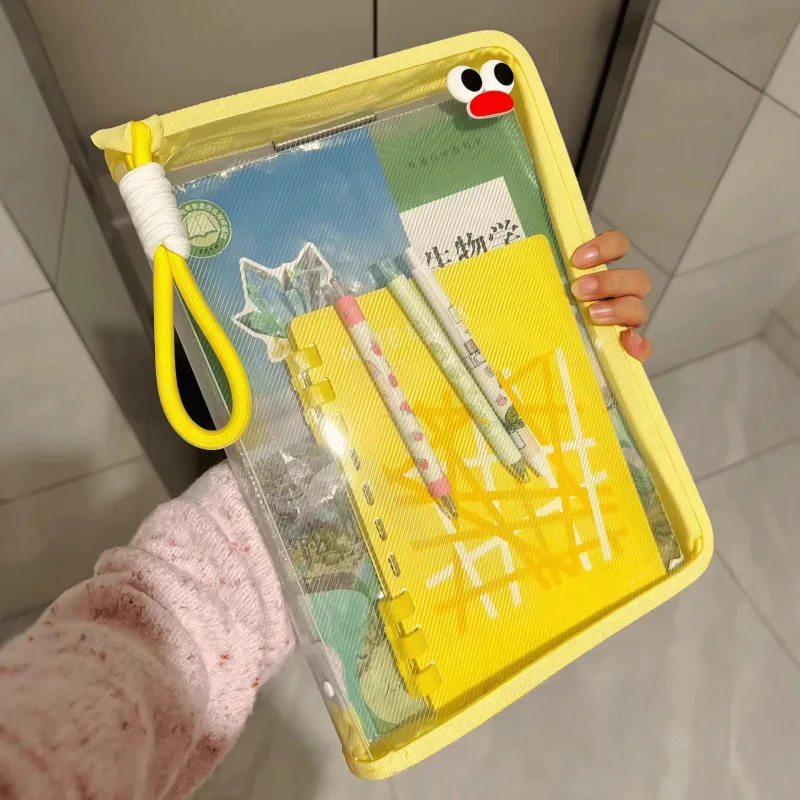 Cute Macaron Color Transparent A4 Zipper File Bag Waterproof Large Capacity Handheld Student Textbook Stationery Storage Pouch
