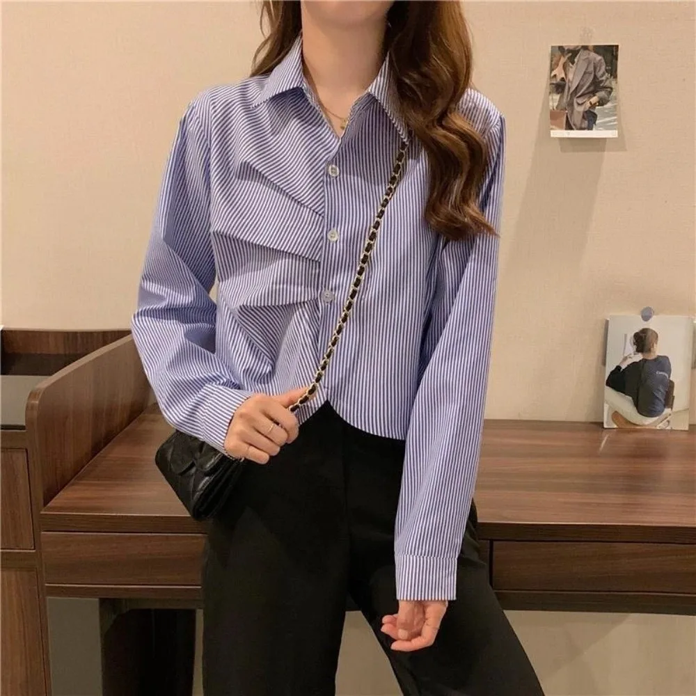 

Casual Short Ruffle Long Sleeve Shirt Korean Style Ruffle Women Stripes Blouse Streetwear Stripes Long Sleeve Tops Lady Business