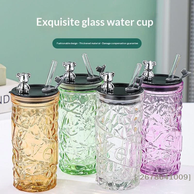 ⚑Glass Water Cup Women's Coffee Cup With Lid And Straw Portable Home Tea Cup Office European-style Vintage Milk Cup