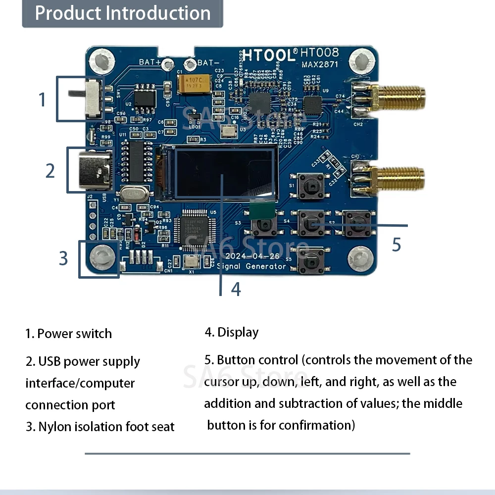HT008 RF Signal Source Generator Frequency 23.5-6000Mhz Serial Port Control MAX2871 2870
