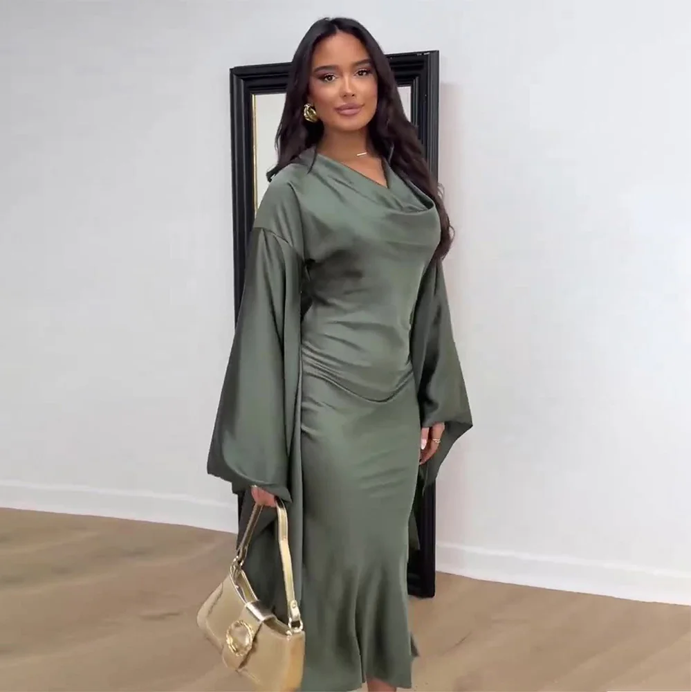 أنيقة الصلبة المرأة 2025 فساتين راقية طويلة الخفافيش كم سوينغ طوق Ruched شق عادية رسمية أنيقة فساتين لحفلات الكوكتيل