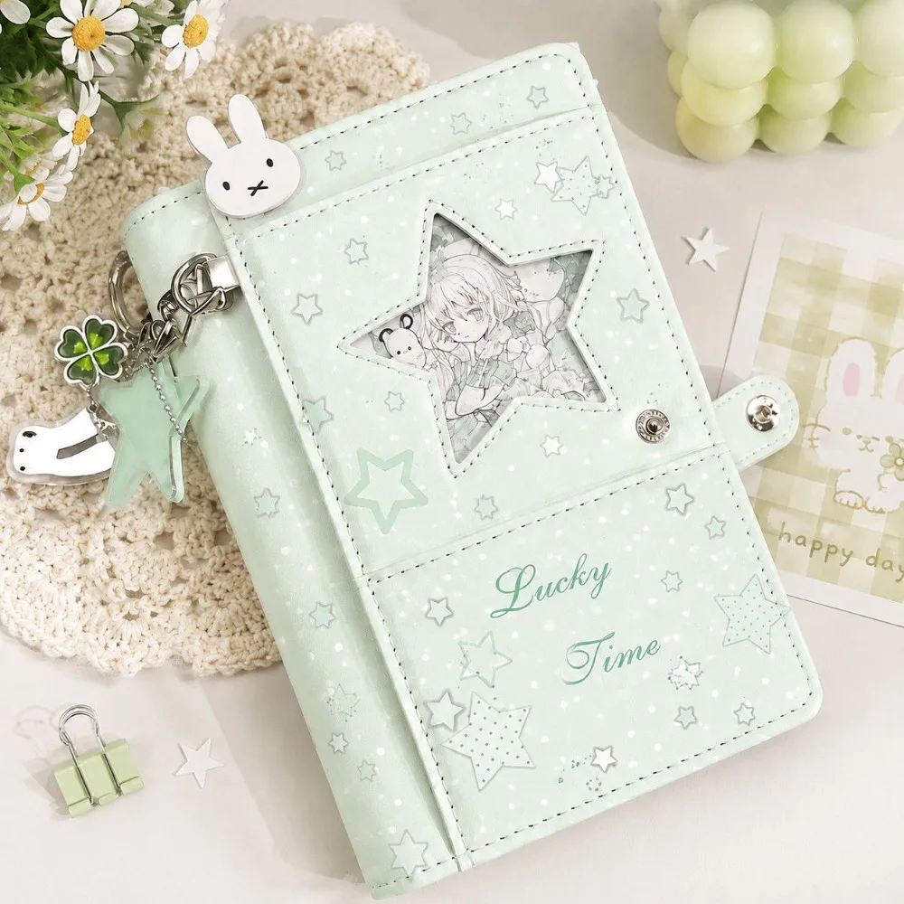 Korean Polka Dot Notebook 3-Fold Ins Mint Green Star Handbook Portable A6 Loose Leaf Binder 6-Hole Journal Planner Stationery
