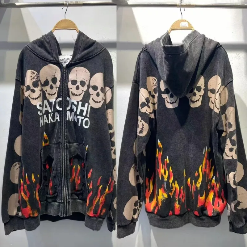 Asian Code Hiphop Street Distressed Washed Worn SATOSHI Zip-up Hoodie Flame Skeleton Vintage Faded Print Jacket Men Women Outfit