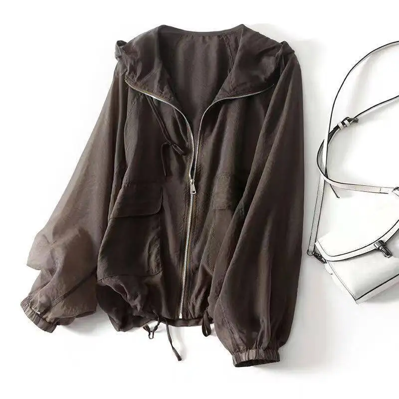 

Women Thin Sunscreen Clothing Anti UV Loose Fashion Hooded Drawstring Summer Coat Lightweight Breathable Zipper Women's Clothing