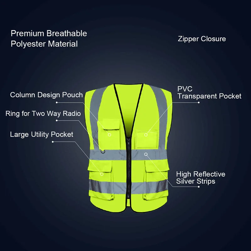 Reflective Safety Vest High Visibility Night Work Security Sleeveless Yellow Vest Construction Workwear Zipper & Pockets Adultsr