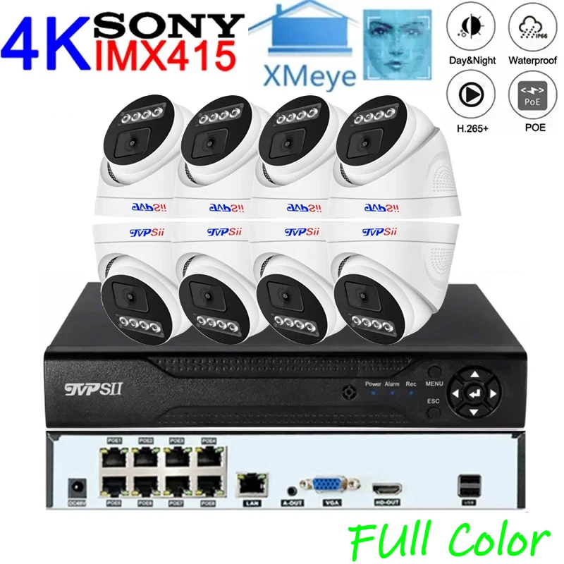 

Full Color Infrared 4K 8M IMX415 H.265+ Indoor ONVIF Face Detection Audio 8CH 8 Channel POE IP CCTV Camera NVR DVR Kits System