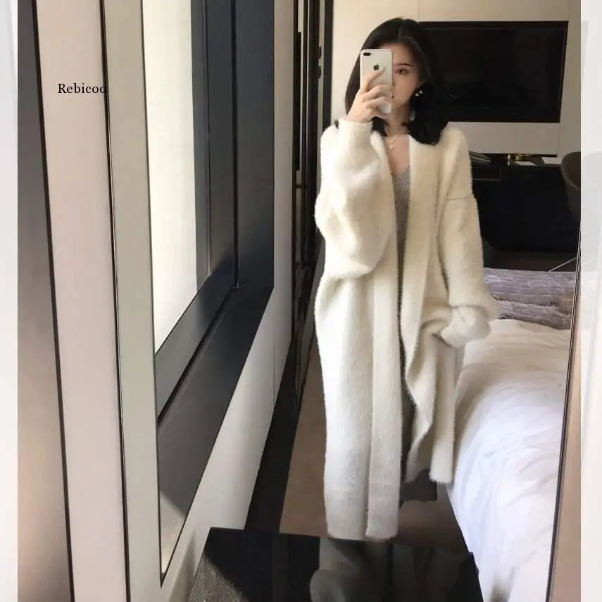 Autumn winter NEW lazy wind white mink cashmere knitted cardigan long loose sweater coat female thickened