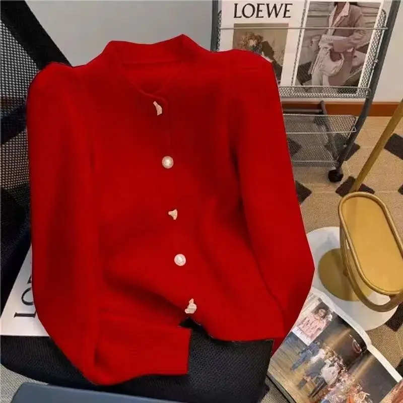 Chaqueta de punto roja, rosa, verde, amarillo y azul para Mujer, suéter suave de otoño, cárdigan de punto con botones, Tops cortos, cárdigan de manga larga para Mujer