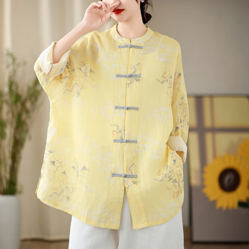 Retro Sle Button up Cotton Linen Print Long Sve Stand Collar Batwing irt Sun Protection Outerwear for plus Size Women