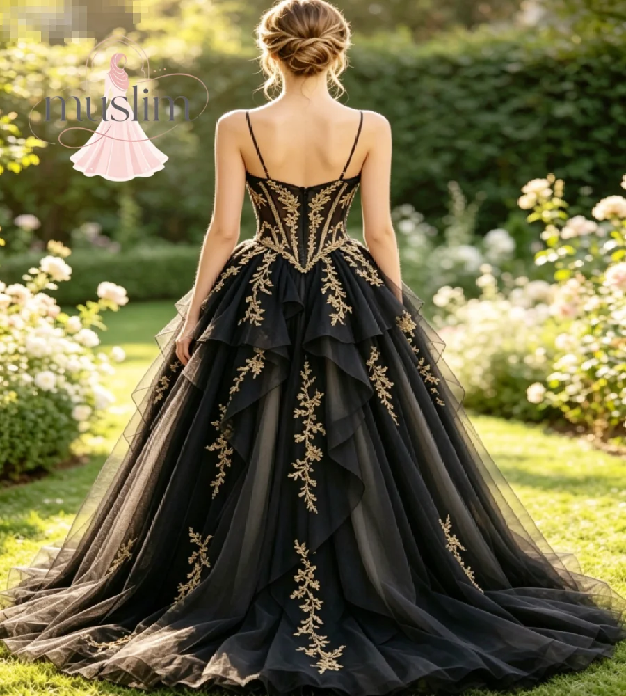 Dark Romantic Black Gothic Wedding Dress With Gold Appliques Vintage Spaghetti Straps A Line Tulle Tiered Bridal Gown Halloween