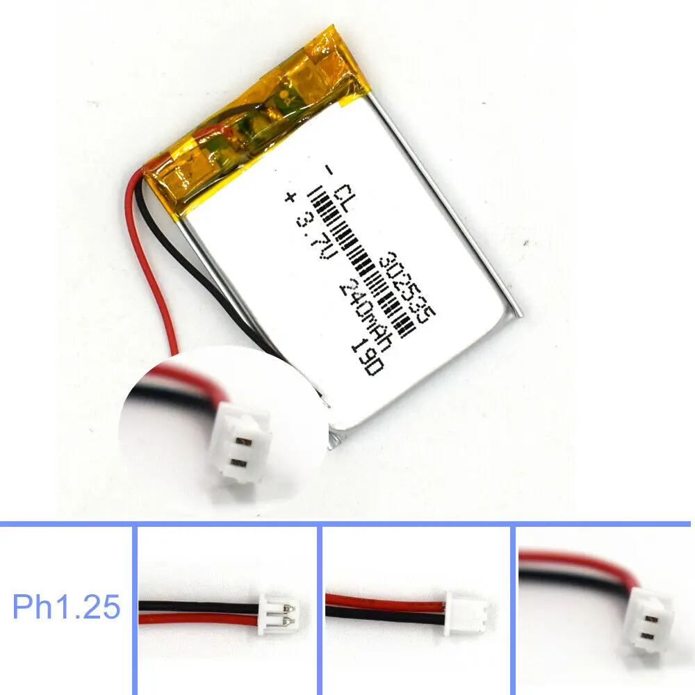 3.7V Lipolymer 240mAh 302535 Battery with 2pin JST Plug Rechargeable Cell for Recorder GPS MP3 Navigator Speaker