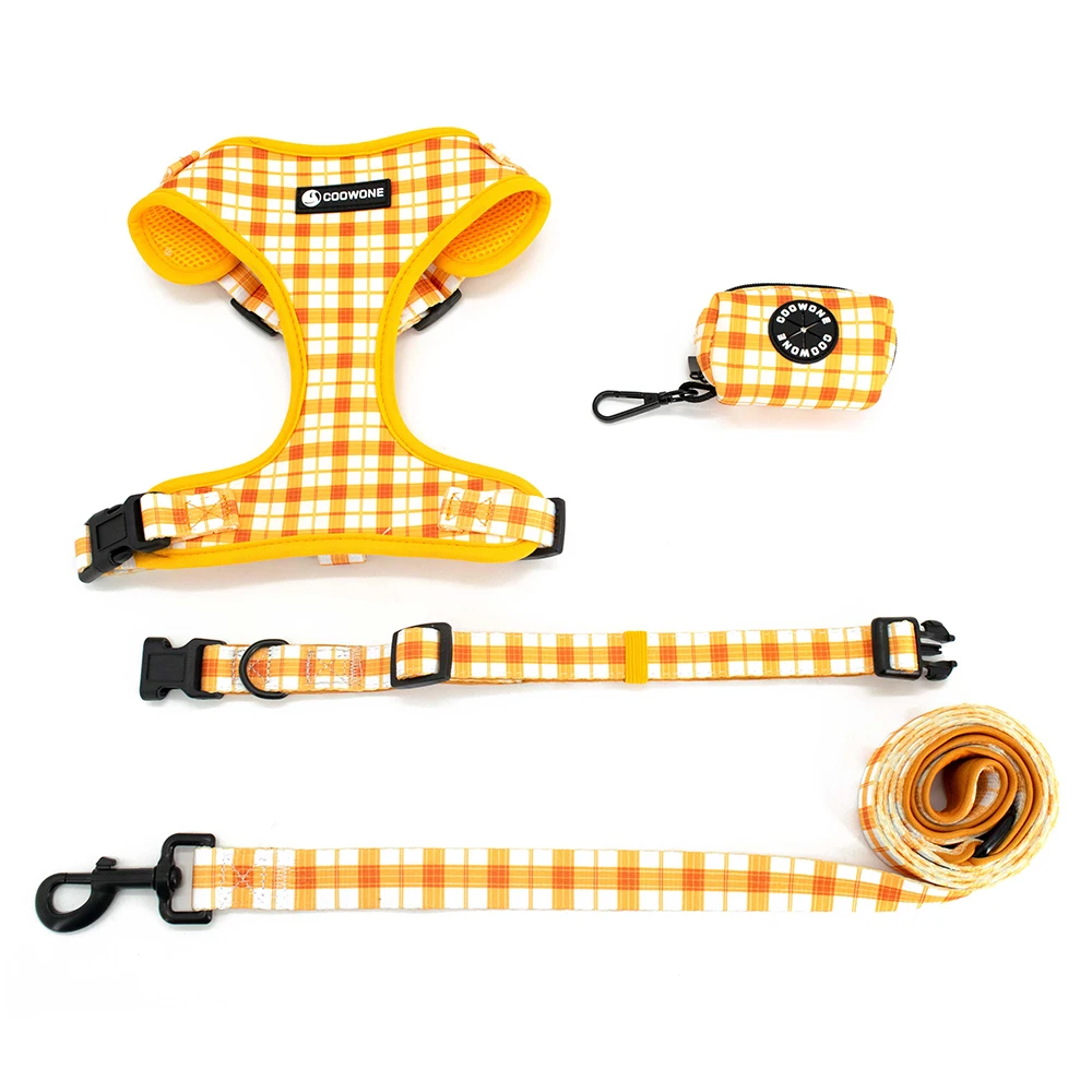 Collarlogo Adjustable Pet Dog Collar Durable Soft Creative Yellow White Plaid Design Leash Neoprene Harness Poop Bag Dispenser