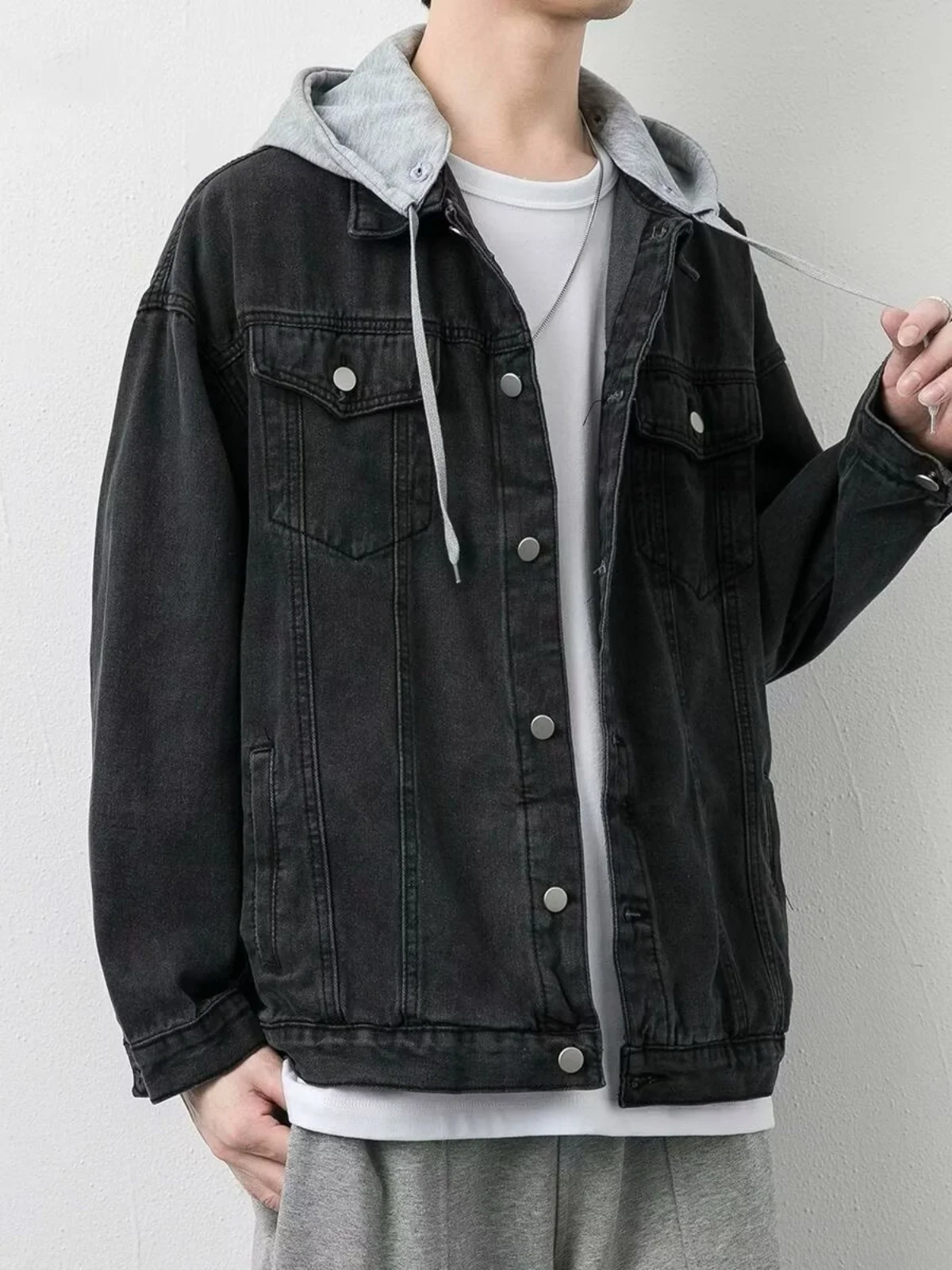 ex Casual coupe ample à capuche Denim Jaet printemps automne col rabat Long Sve vêtements d'extérieur Faionable jeunesse Sle Stand...