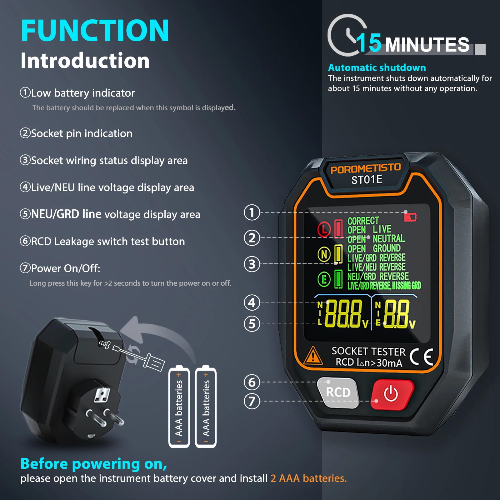 POROMETISTO ST01 Digital Socket Tester with Color Screen UK/EU/US Circuit Checker RCD Socket Detector Data Hold Polarity Tester