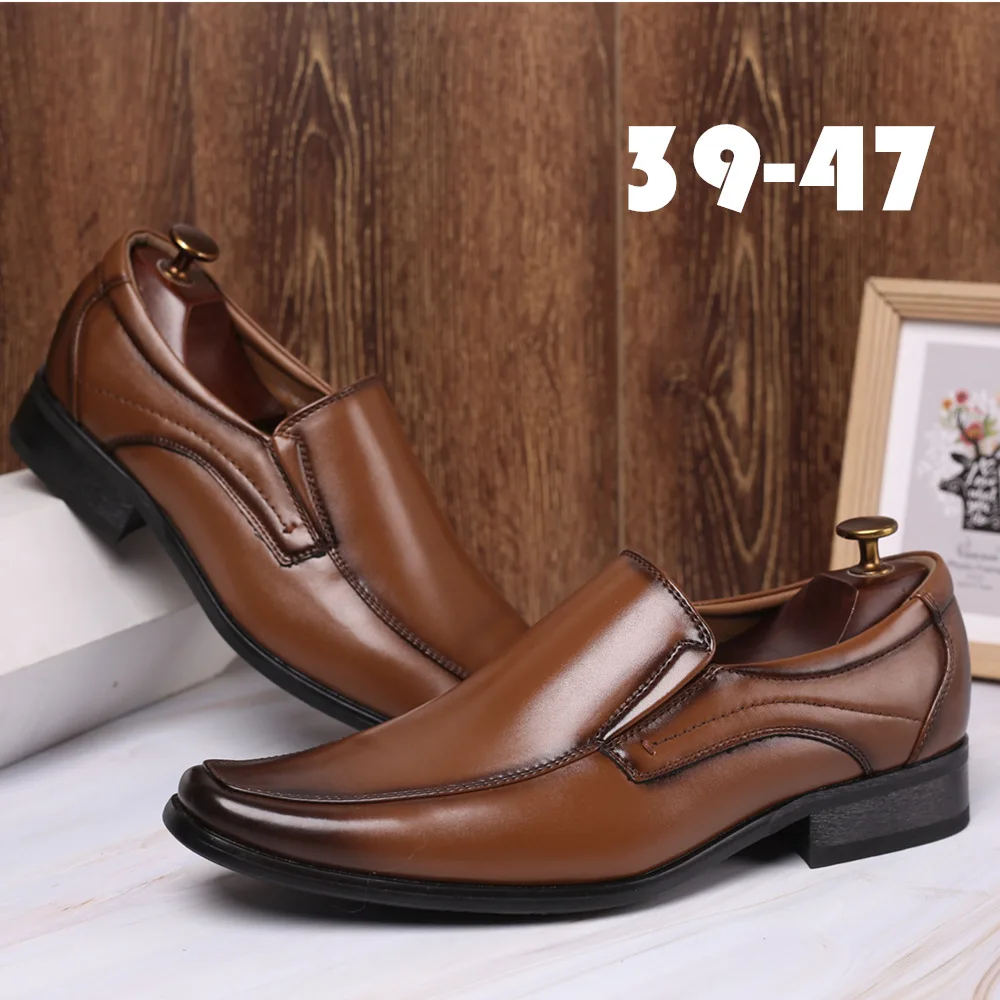 Plus Size Dress Shoes for Men Business Shoes 2025 New Slip on Square Toe Loafers Handmade Polish Leather Casual Sapato Masculino