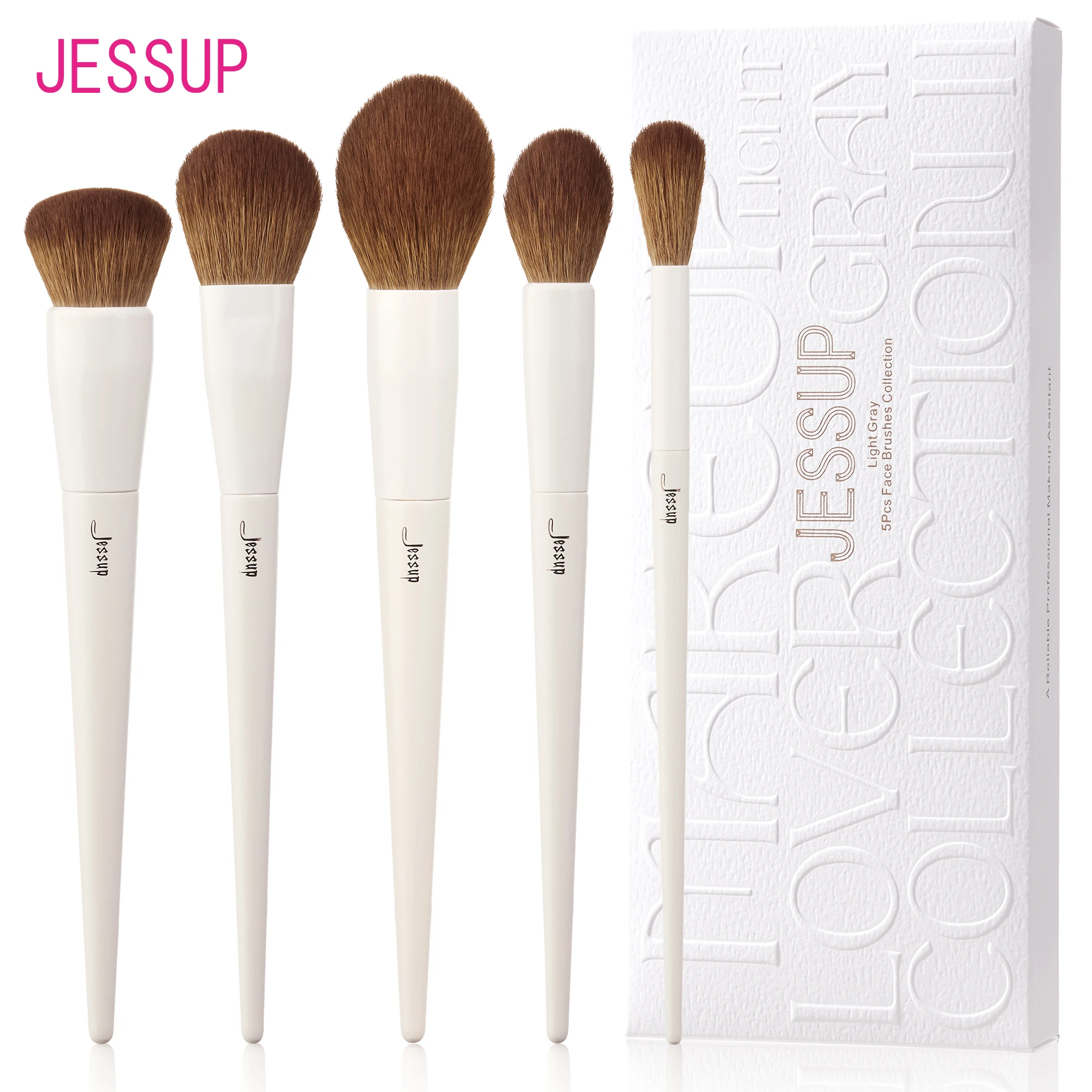 Jessup Face Brushes set 5Pcs Makeup Brushes Vegan Foundation Blush Bronzer Brush Contour Fluffy Setting Powder, Light Grey T493