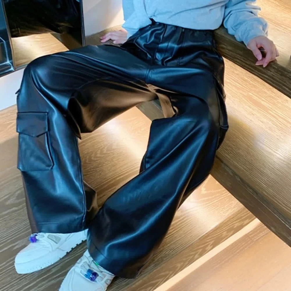 Mens Pu Leather Motorcycle Multi Pocket Cargo Pants Autumn Streetwear Fashion Youth Avant Garde Punk City Boy Casual Pants 2026