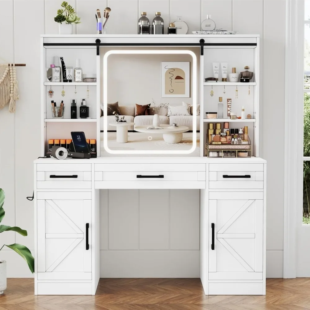 Farmhouse Vanity Makeup Desk with Sliding Mirror & Charging Station, Vanity Table with Lights & Hidden Storage Shelves, Dresser