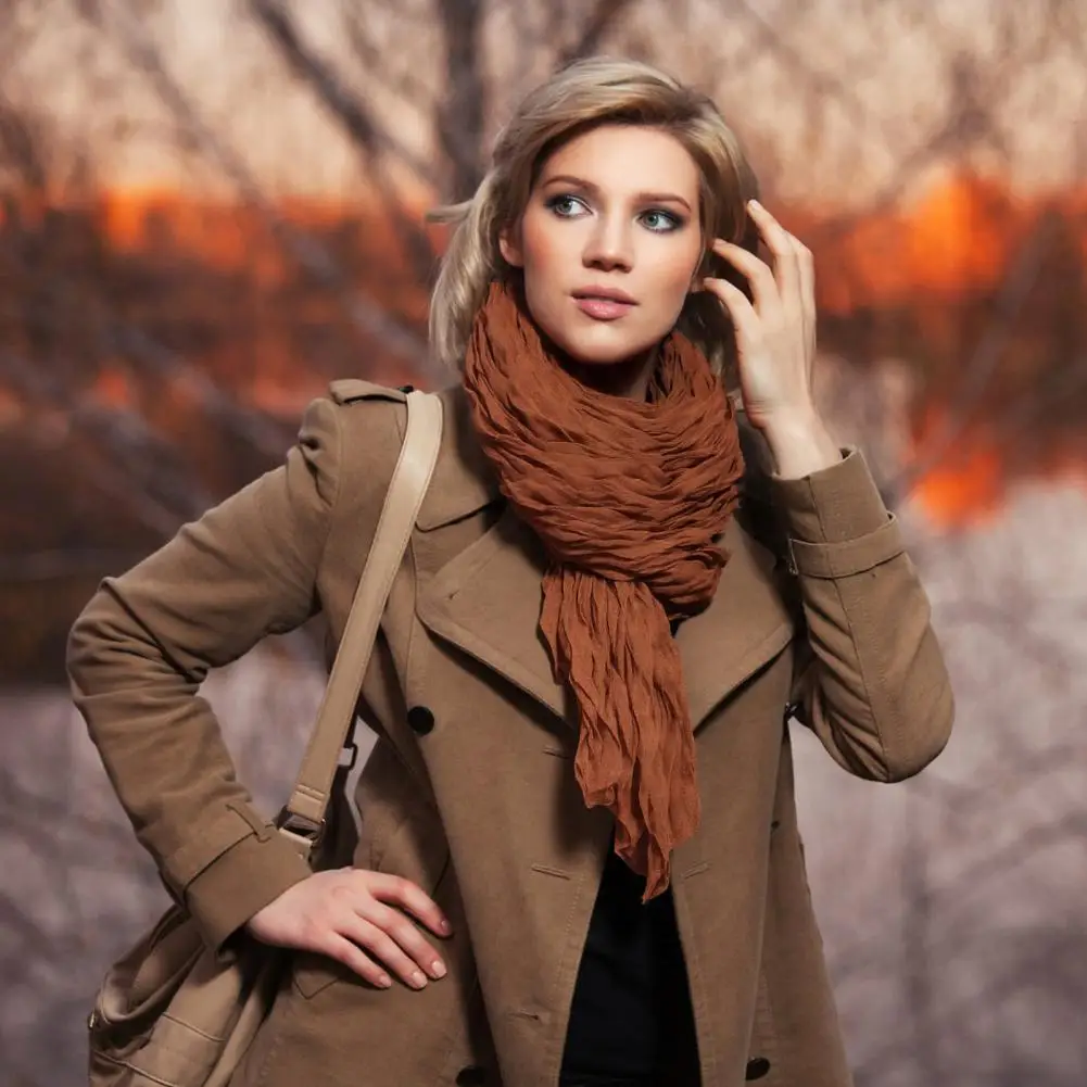 180cm Women Scarf Solid Color Pleated Long Scarf Retro Autumn Winter Thick Warm Soft Vintage Inspired Scarf