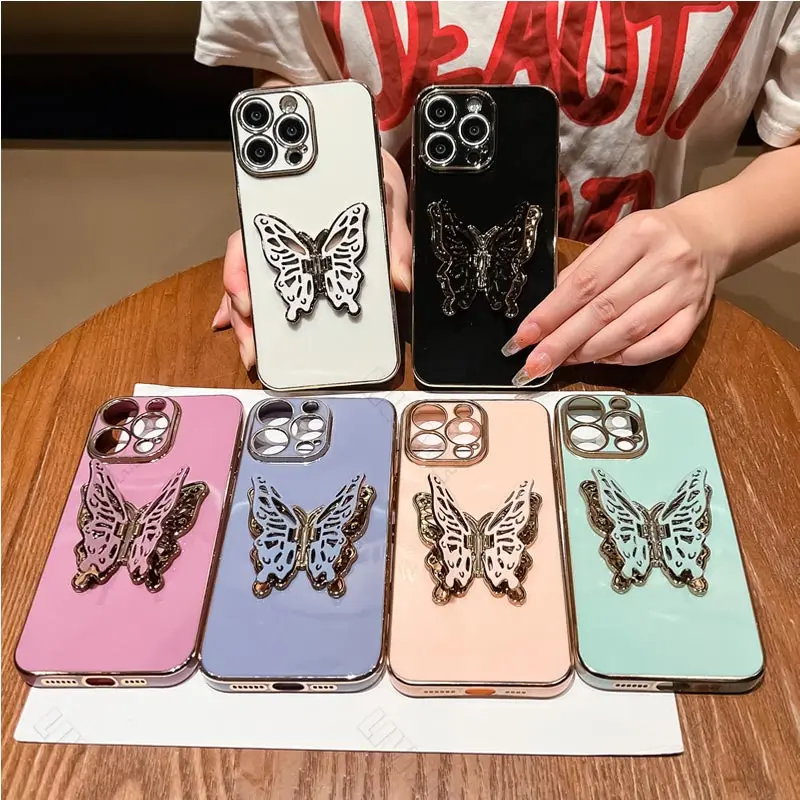 Luxury Butterfly Plating Holder Phone Case On For Xiaomi Mi Poco X2 X3 X4 X5 M3 M4 M5 F3 F4 NFC Pro 4G 5G GT C40 Stand Cover