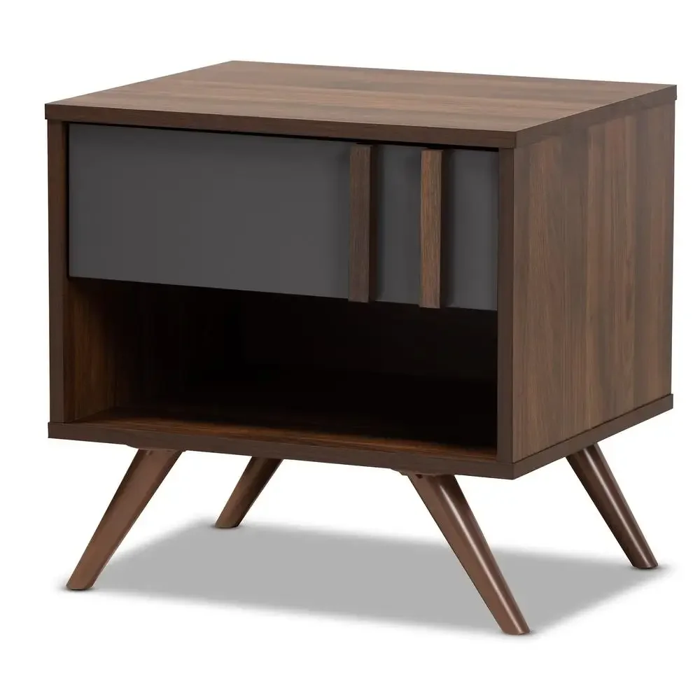 Two-Tone Wooden Nightstand with Drawer and Shelf Storage Retro Style