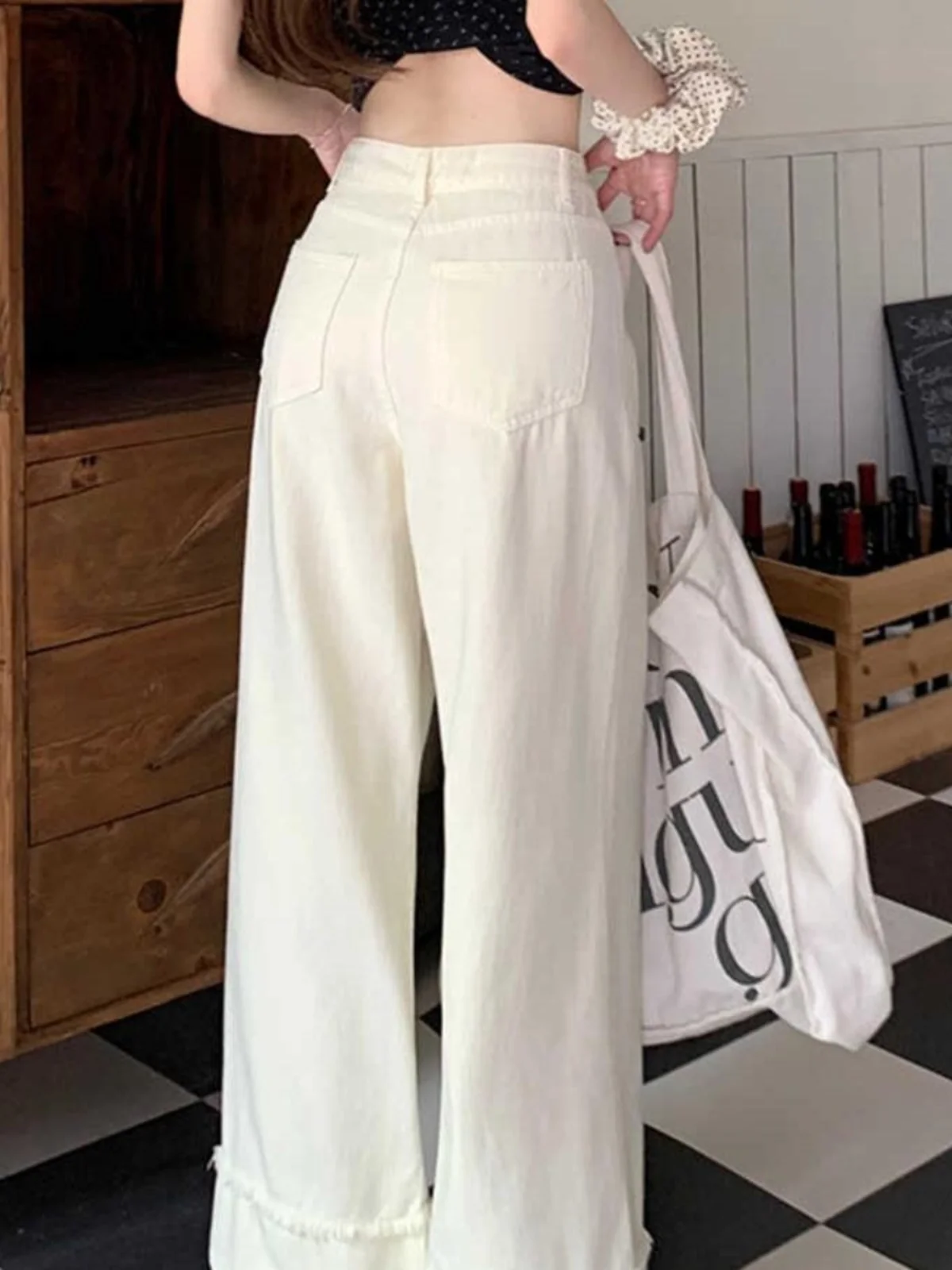 하이웨이스트 스트레이트 레그 진 여성 플러스 사이즈 스플라이싱 프레이드 헴 캐주얼 와이드 레그 롱 팬츠 봄 가을 솔리드 컬러