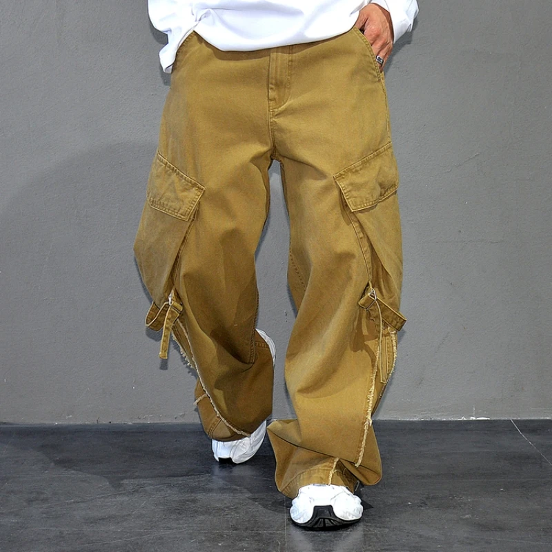 ‌American High Street Multi Pocket Baggy Cargo Pants Men Vintage Casual Streetwear Premium Cotton Straight Loose Trousers‌