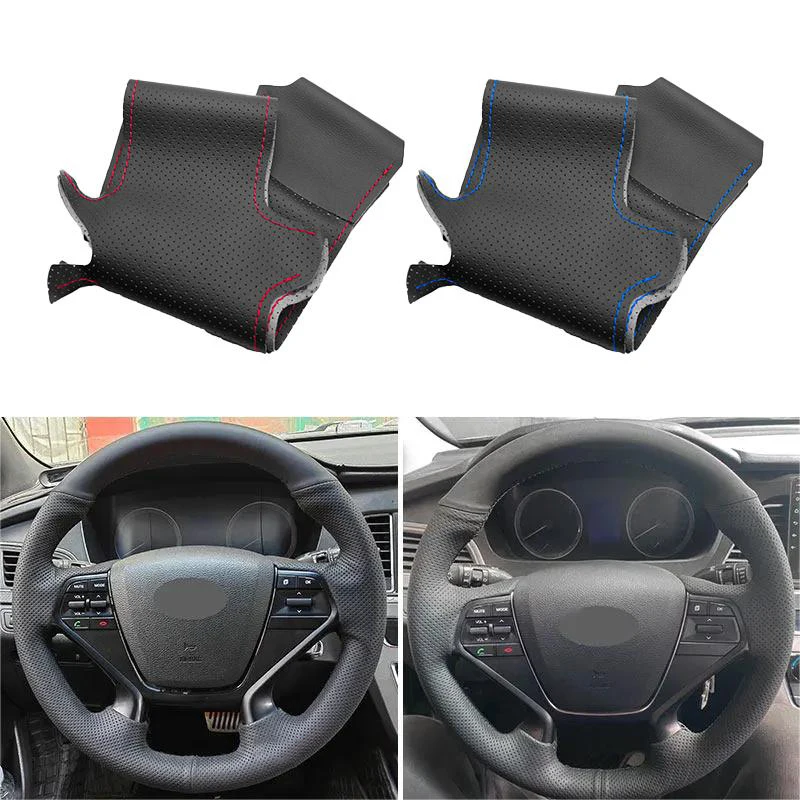 Hand Braid Perforated Microfiber Leather Car-styling Steering Wheel Cover Trim For Hyundai Sonata 9 2015 2016 2017 (4-Spoke)