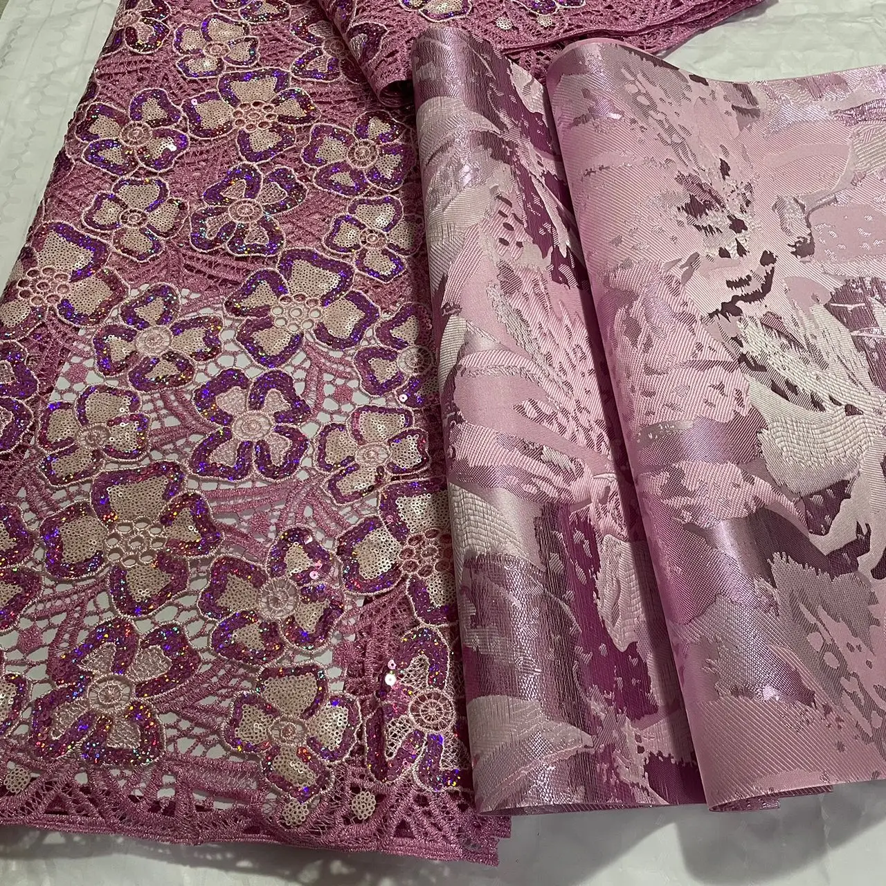 Nigerian Sequins Lace Fabric, African Guipure Cord Lace Material, 5Yards, Matching Sego Headtie, Embroidery, Newest, 2Pcs