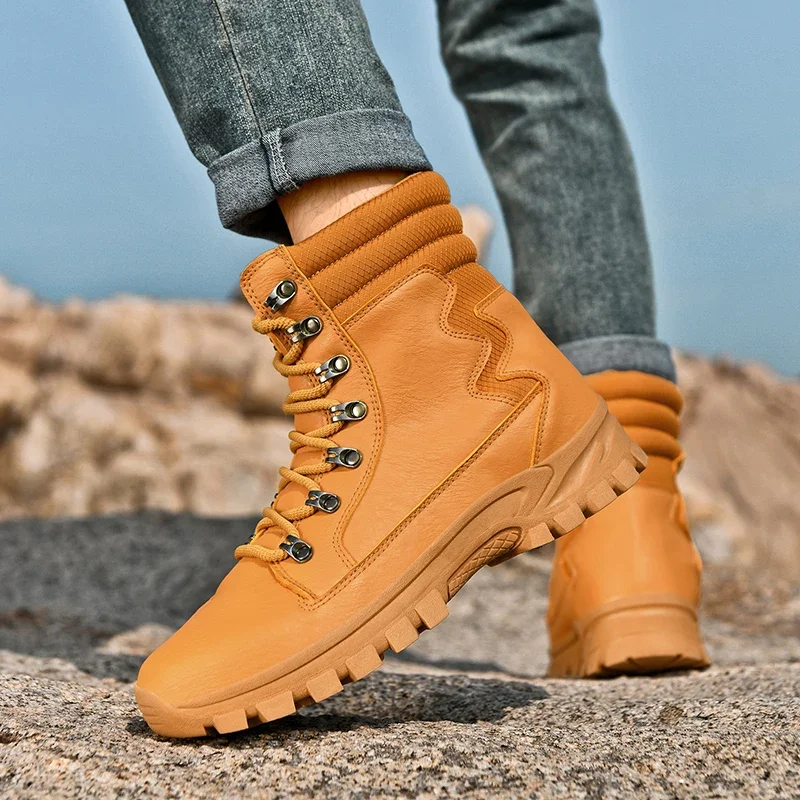 Botas altas de cuero para hombre, botas de combate transpirables para el desierto, Botas de senderismo antideslizantes para exteriores, botas de moto para hombre, botines de trabajo