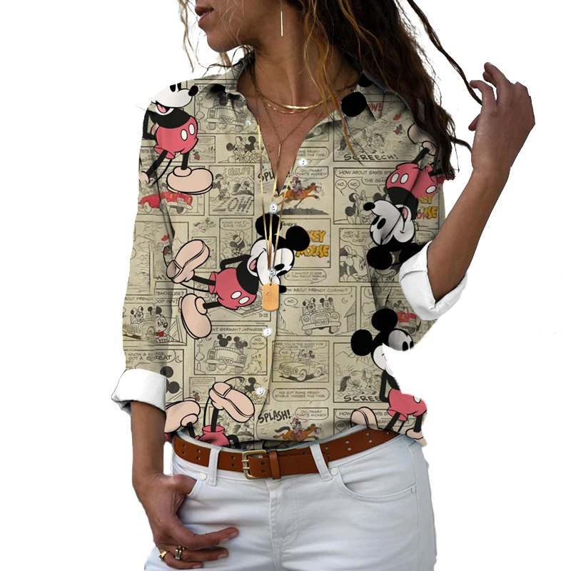 2024 autunno nuovo Harajuku Slim Fit 3D stampato manica lunga donna monopetto bavero Mickey Minnie Casual carino camicia y2k