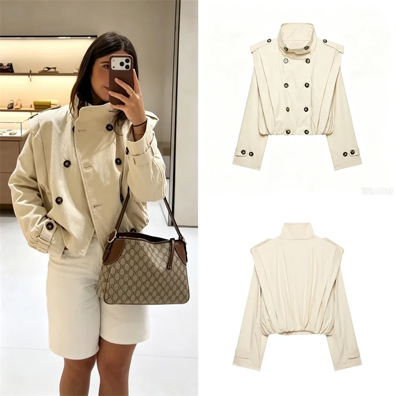 Guobioziy Women's Jacket 2026 Early Autumn New Style Fashion Long-Sleeve Stand Collar Double-Breasted Pleated Trench Coat