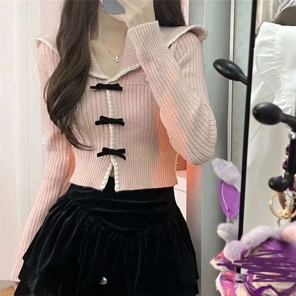 

2026 Pink White Women Japanese Style Bow Kawaii Sweaters Short Slim Fit Sweet Cardigan Long Sleeve High Waist Knitted Coats Tops