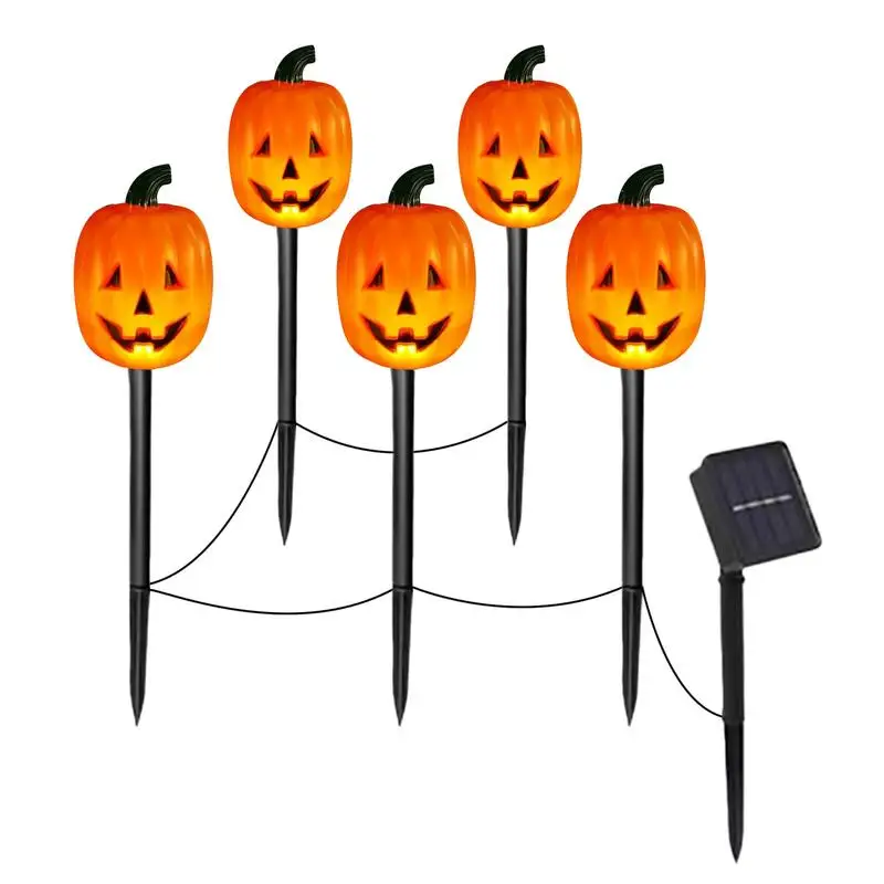 Solar Lantern Stake String Lights, Luzes solares de segurança impermeáveis, Pumpkin Stake Lights for Pathway, Decoração solar do pátio, 5 luzes