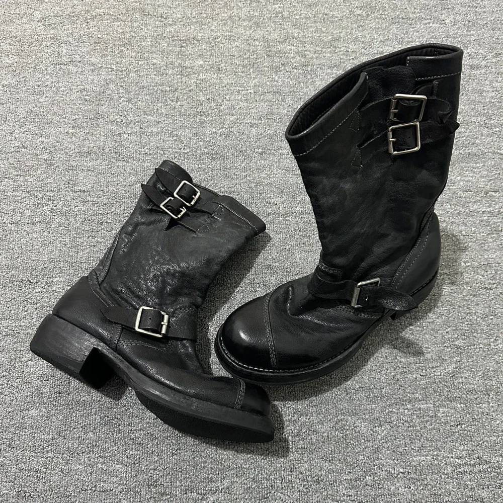 

Fashion Men's Black Genuine Leather Motorcycle Boots Western Mid-Calf Thick-soled Metal Belt Buckle Engineer Chelsae Boots