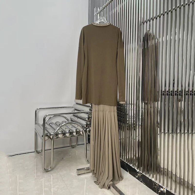 レディース フェイクツーピース オーバーレイ ワンピース プリーツ メッシュ ロングドレス Tシャツ + アシンメトリー ロングスカート 高品質 夏 新作 2025