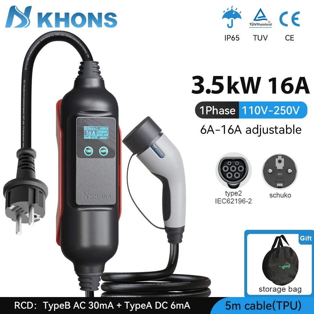 

Khons Type2 16A 3.5KW Portable EV Charger EVSE Charging With Schuko Plug Current Adjustable For Electric Car Charger Cable 5m