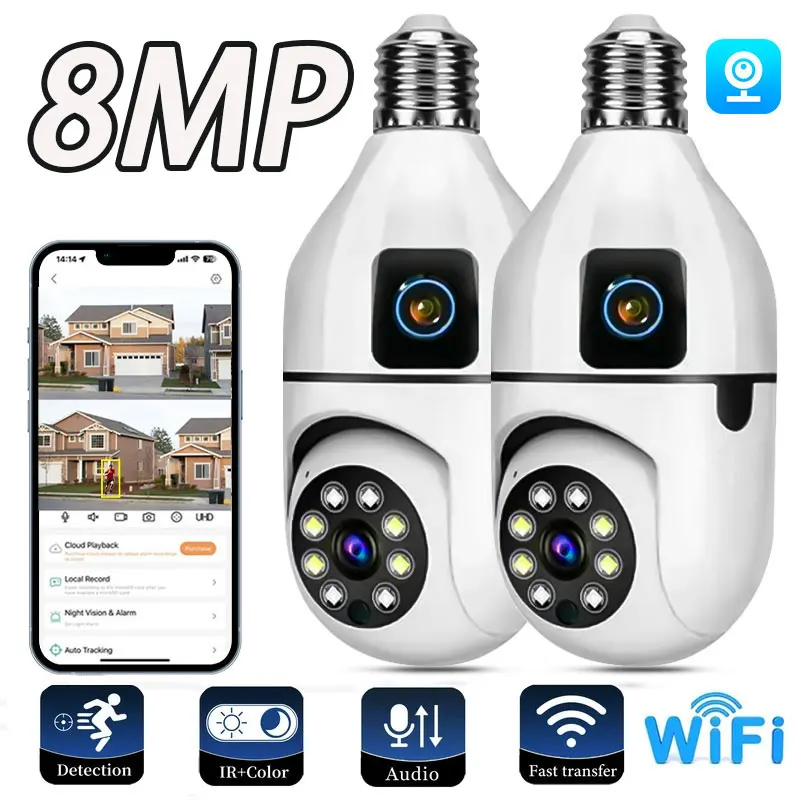 lampada wifi ptz camera hd lente dupla rastreamento automatico camera de vigilancia de audio bidirecional sem fio cctv monitor de seguranca casa inteligente 8mp e27 01